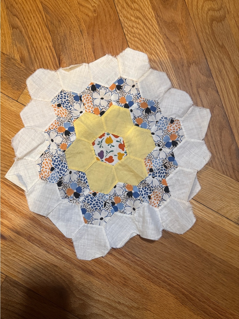 Handmade Grandmas Flower Garden Quilt Piece - Yellow & Blue